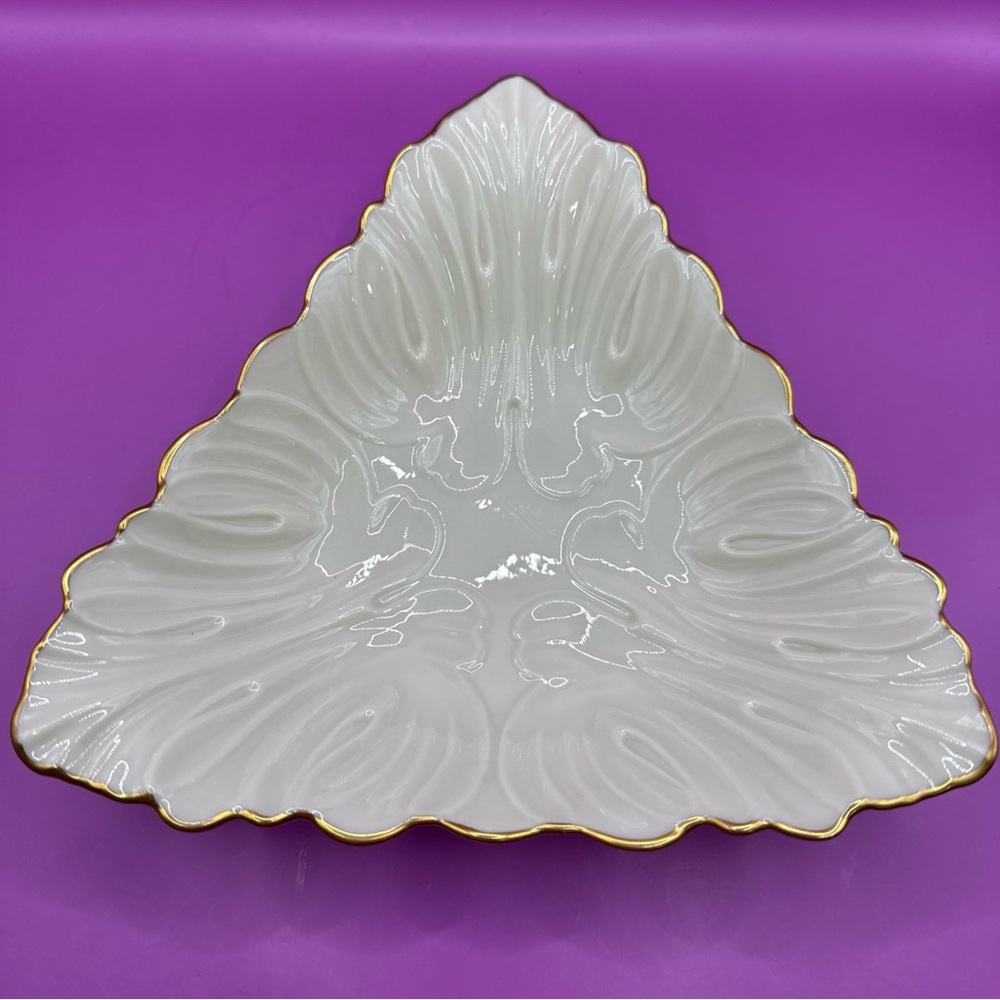 Vintage LENOX Triad Nut or Candy Dish 24K Gold Trim Triangle Scalloped Edged USA